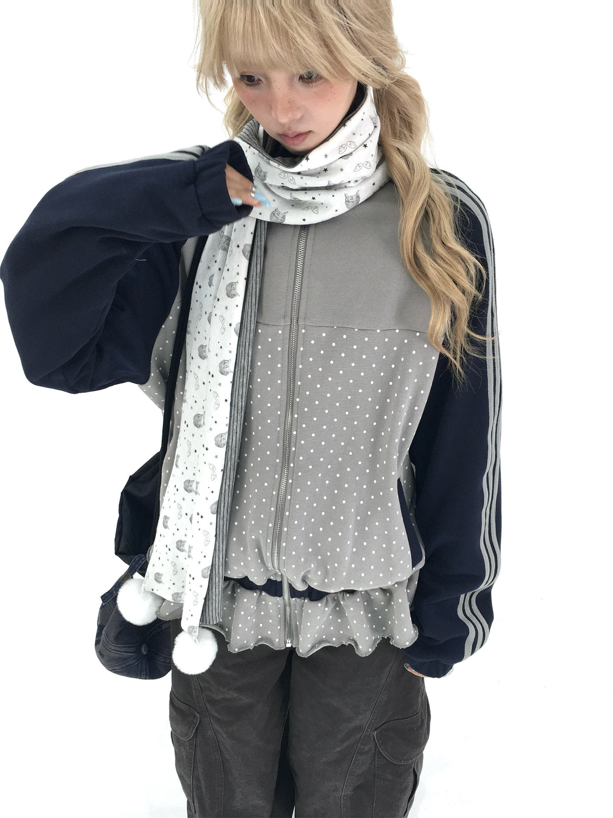 Gray Polka Dot Triple-Stripe Ruffle Zip Jacket