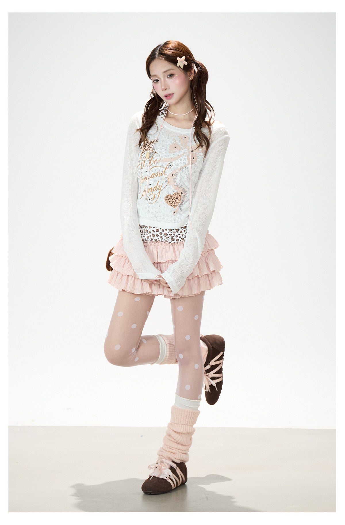 Leopard Layered Halter Long Sleeve Top & Pink Tiered Ruffle Mini Skirt