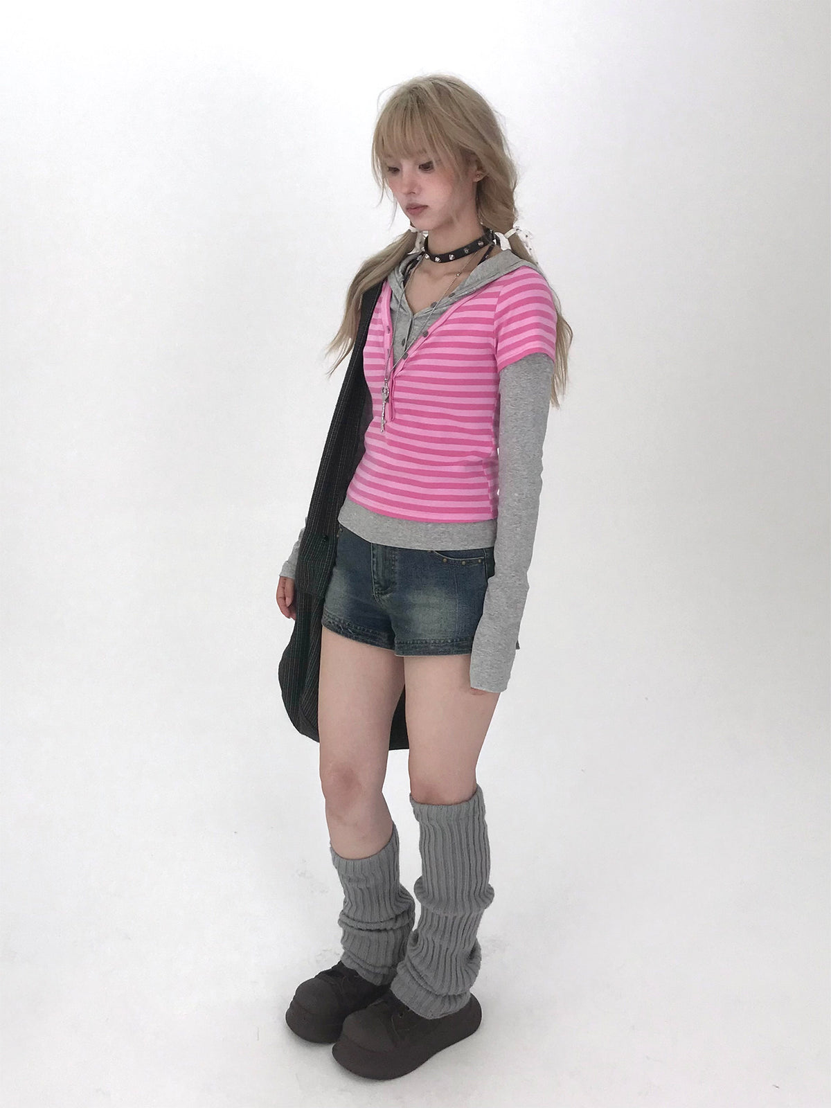 Striped Faux-Layered Hooded Long Sleeve Top