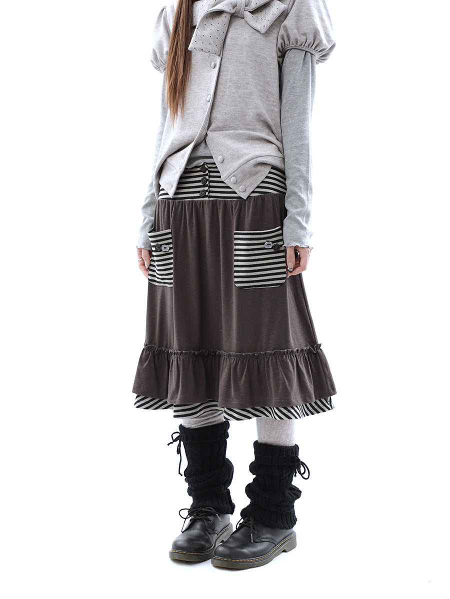 Striped Pocket Ruffle Layered Midi Skirt