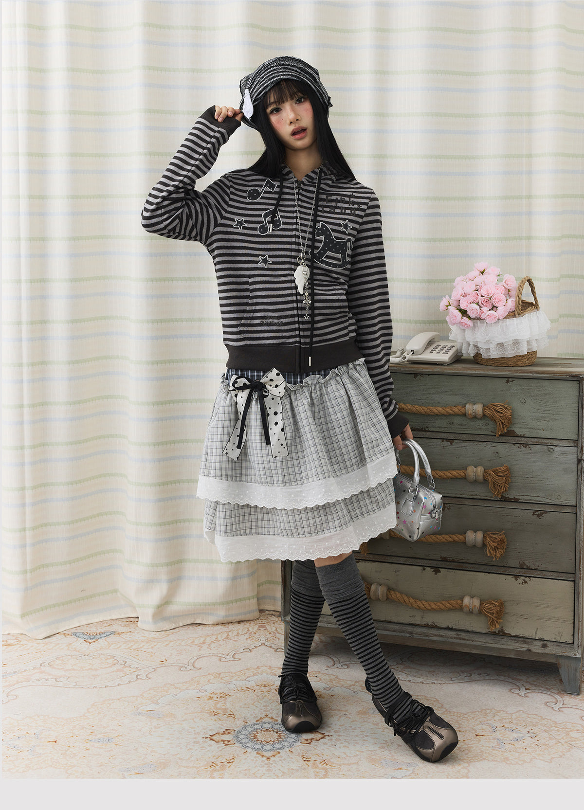 Asymmetric Plaid Lace Tiered Midi Skirt