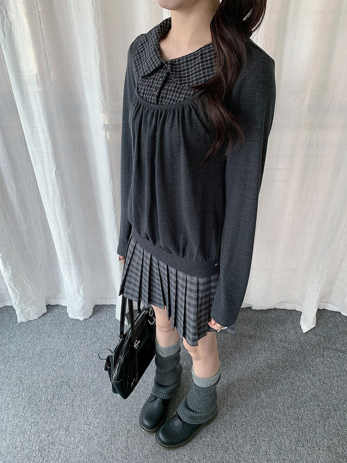 Plaid Collar Layered Long Sleeve Top