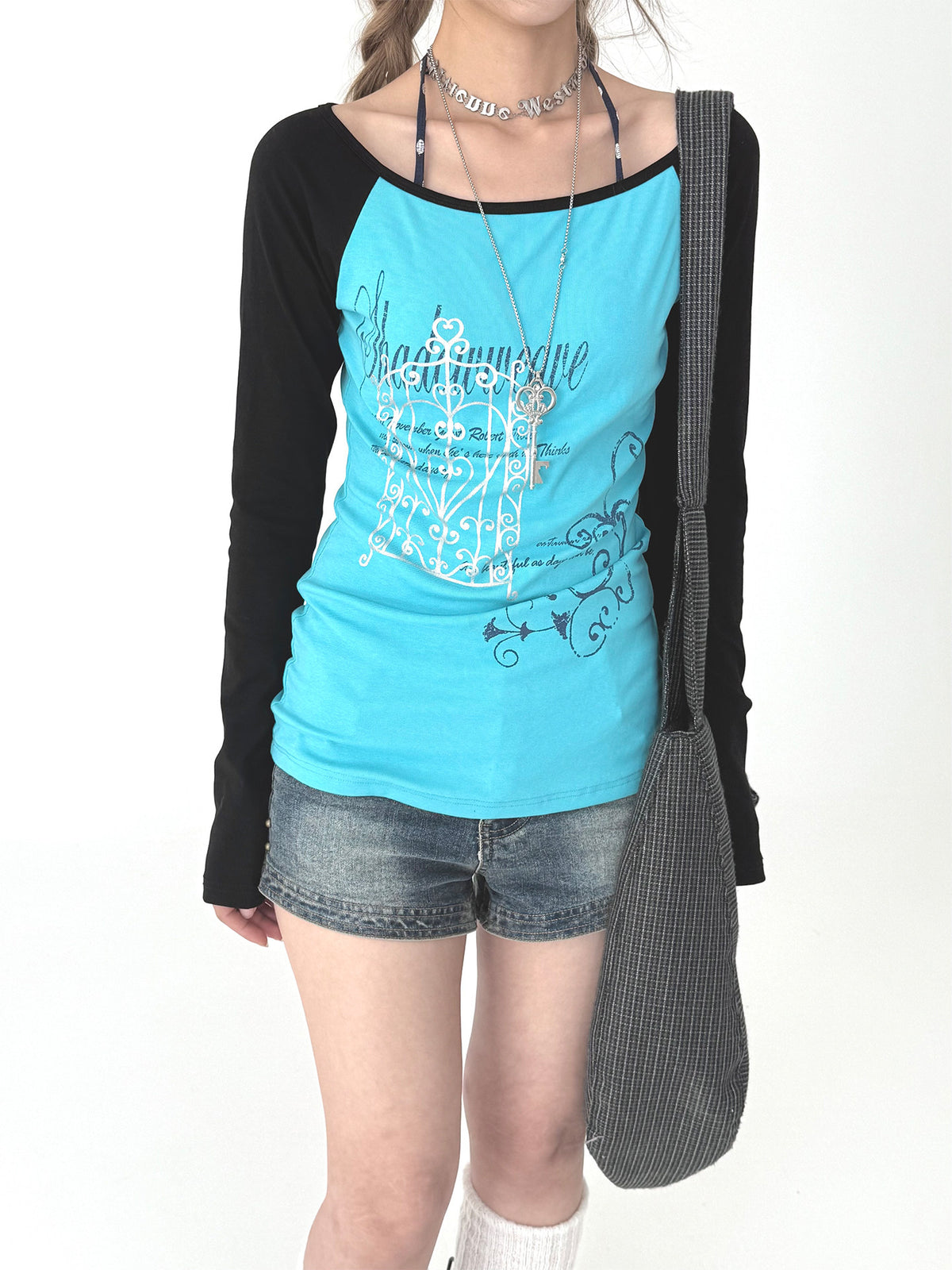 Aqua Contrast Graphic Raglan Long Sleeve Top