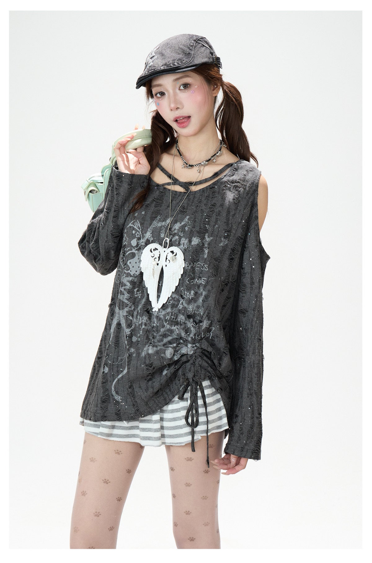 Distressed Cartoon Off-Shoulder Long Sleeve Top & Black Striped Mini Skirt