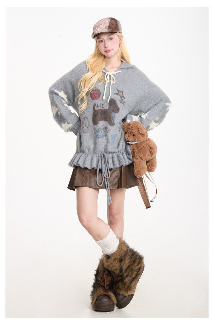 Puppy Graphic Bow-Collar Oversized Knit Sweater