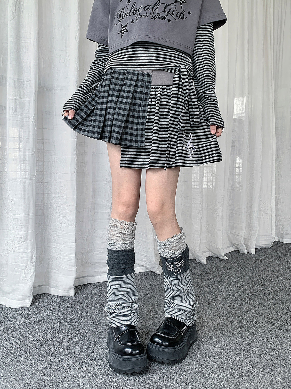 Music Note Plaid & Stripe Asymmetrical Mini Skirt