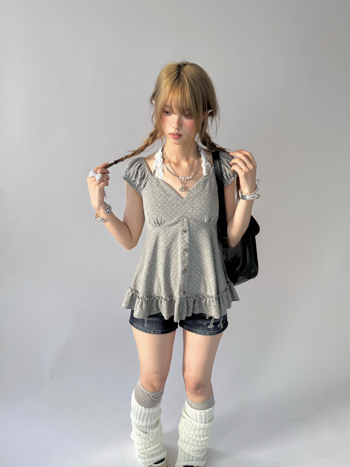 Polka Dot Lace Halter Ruffle Tee
