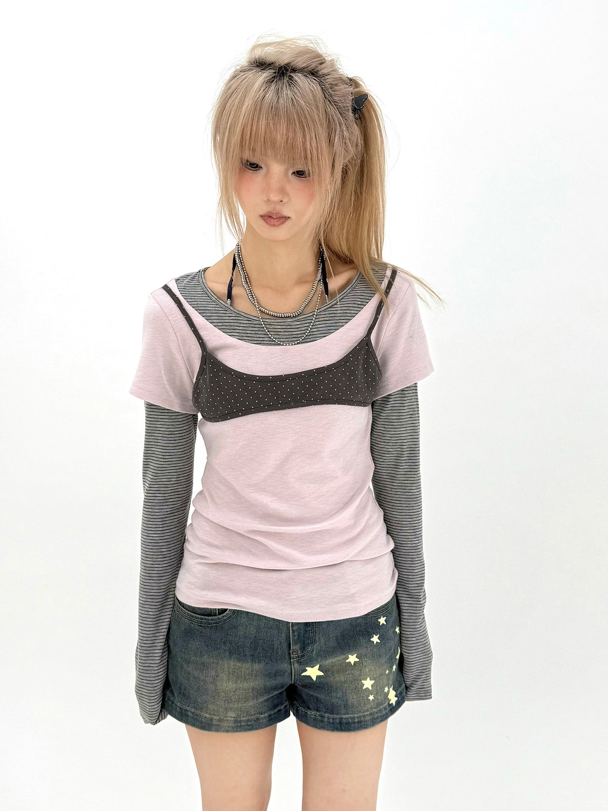 Star Print Washed Low-Rise Denim Shorts
