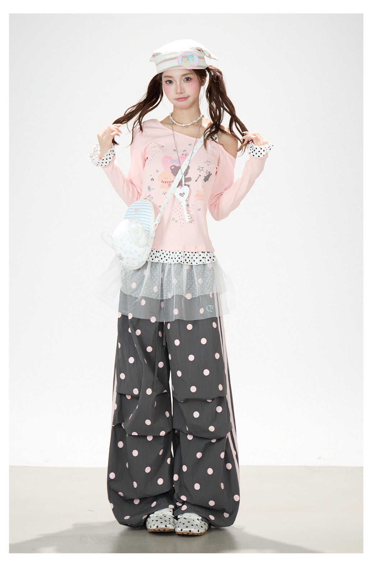 Dreamy Cartoon Off-Shoulder Layered Long Sleeve Top & Polka Dot Wide-Leg Pants