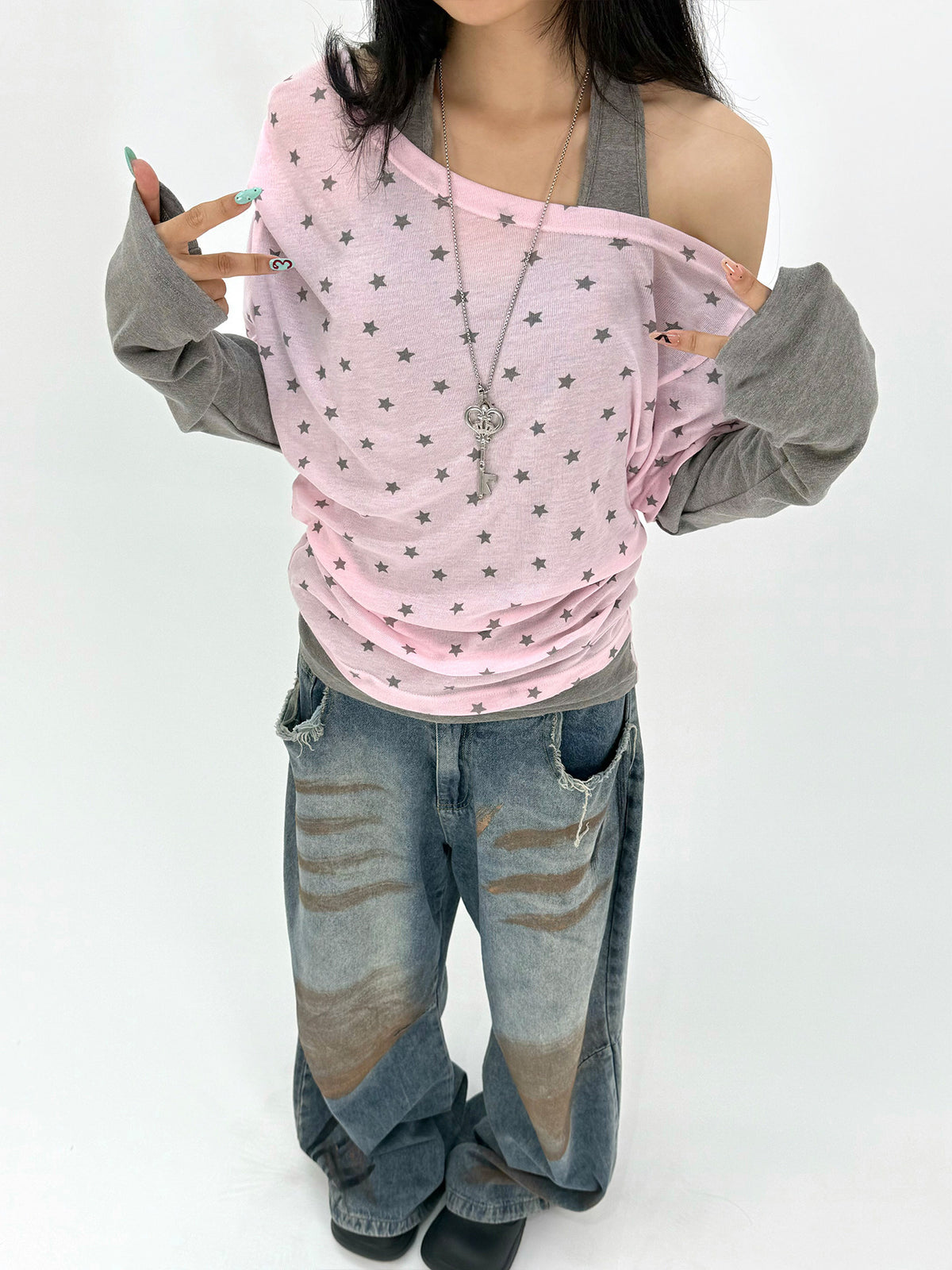 Star Print Faux-Layered Off-Shoulder Long Sleeve Top