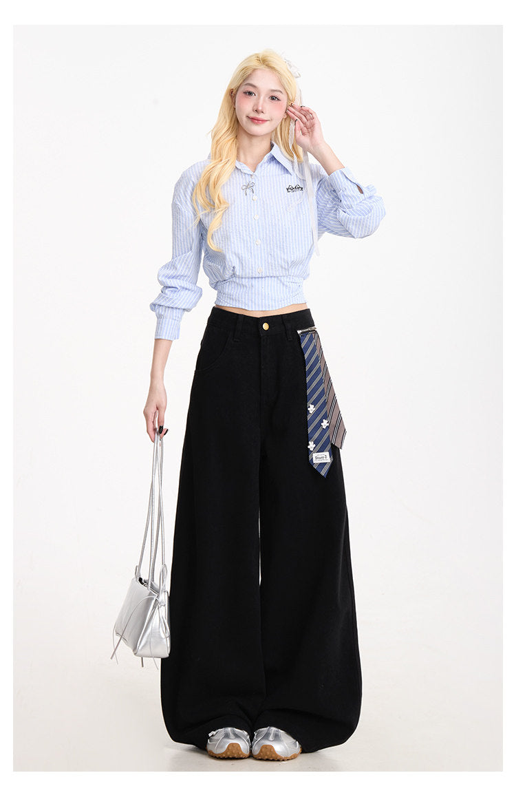 Curved-Leg Wide-Leg Pants with Detachable Tie