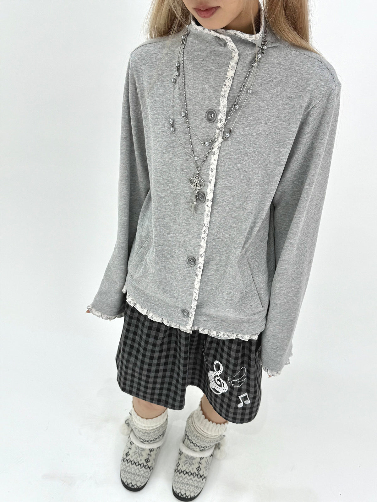 Floral-Trim Stand Collar Button Cardigan