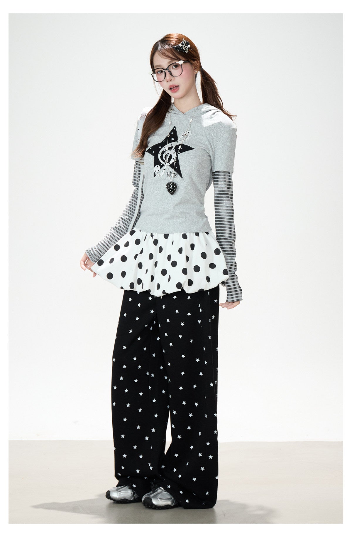 Music Note Star Layered Hoodie Top & Polka Dot Tie-Waist Wide-Leg Pants
