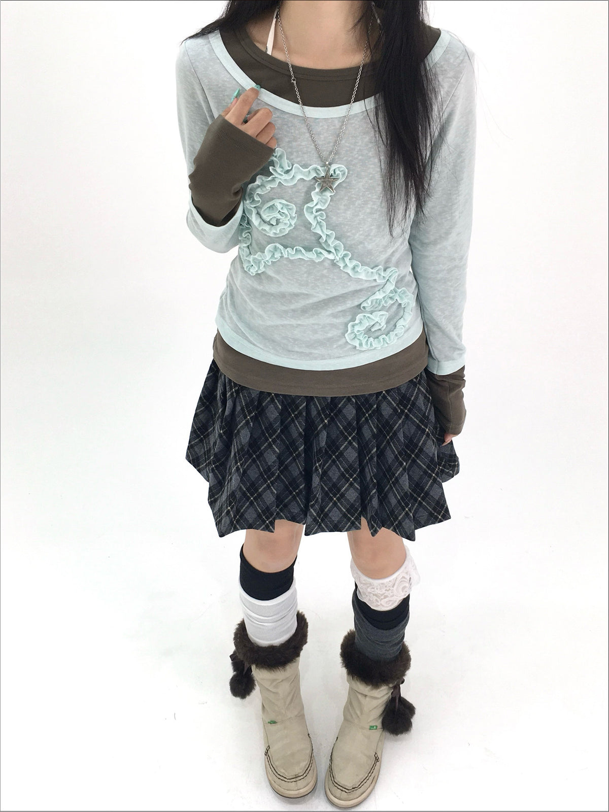Mist Aqua Ruffle Star Faux-Layer Long Sleeve Top