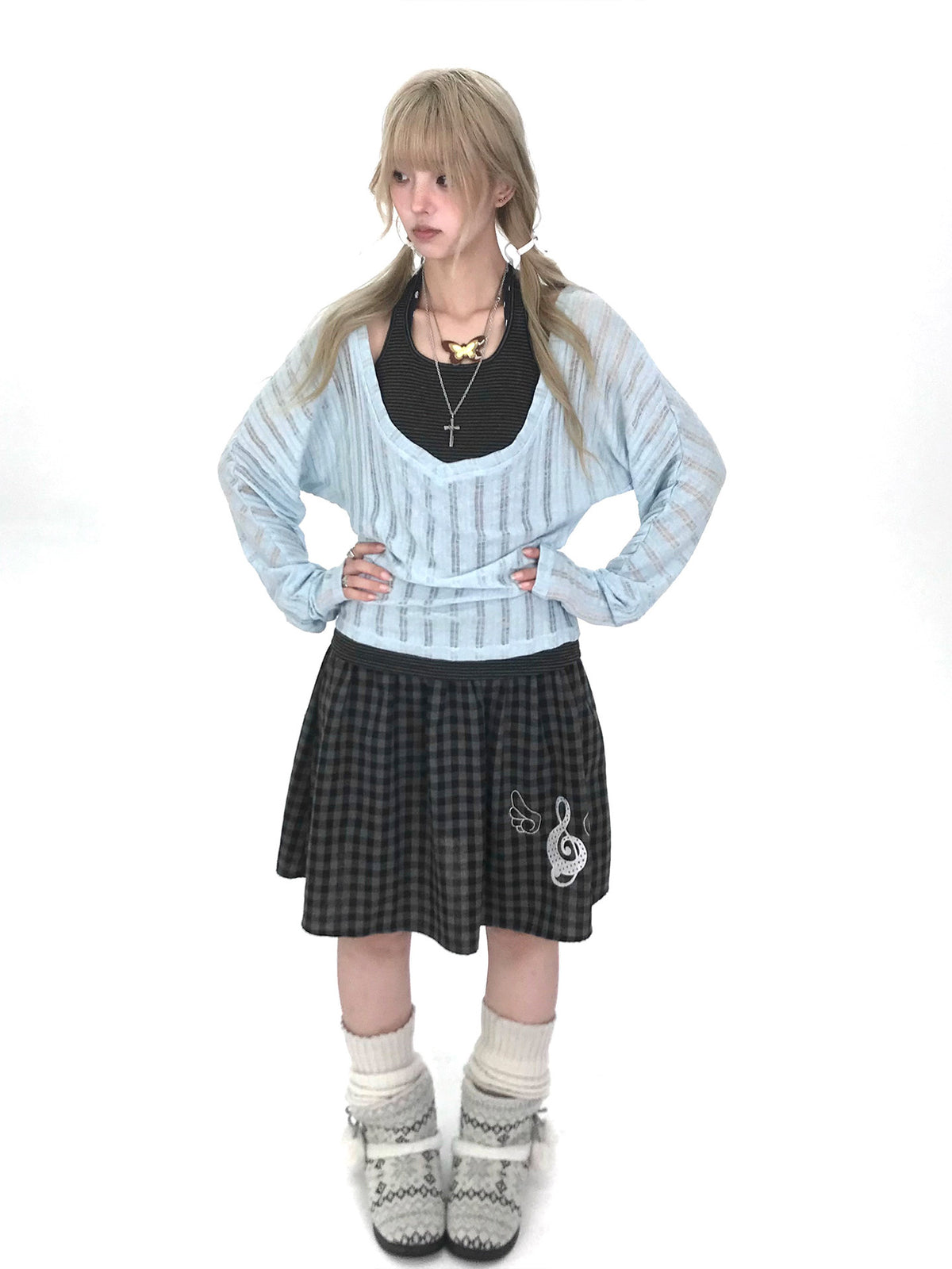 Icy Blue Striped Halter-Layered Long Sleeve Top
