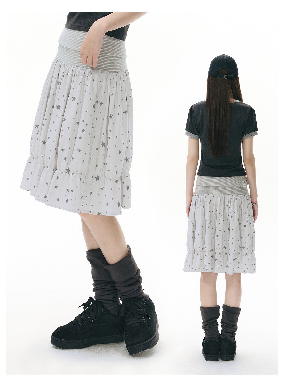 Star Print Striped-Waist Ruffle Midi Skirt