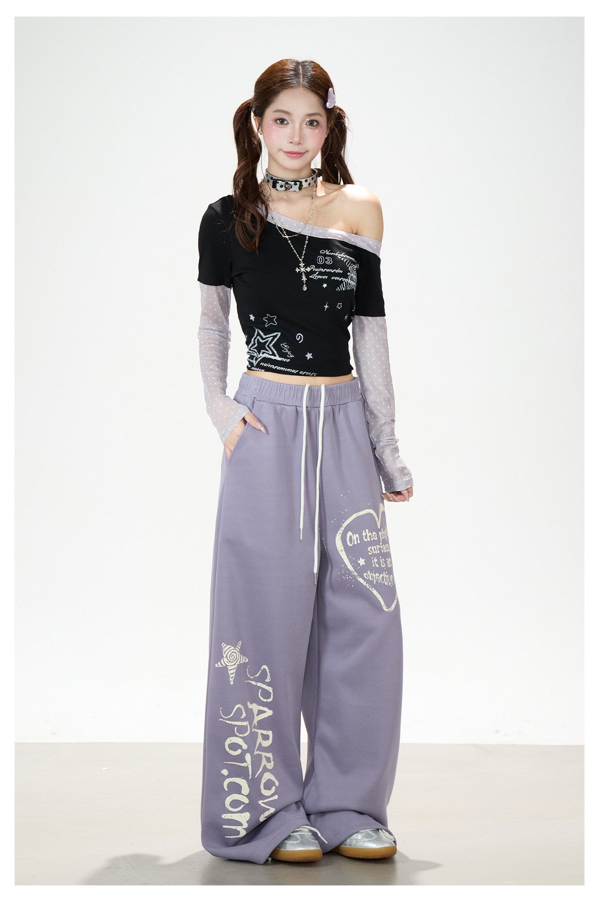 Mesh Layered Off-Shoulder Graphic Top & Heart Graphic Wide-Leg Pants