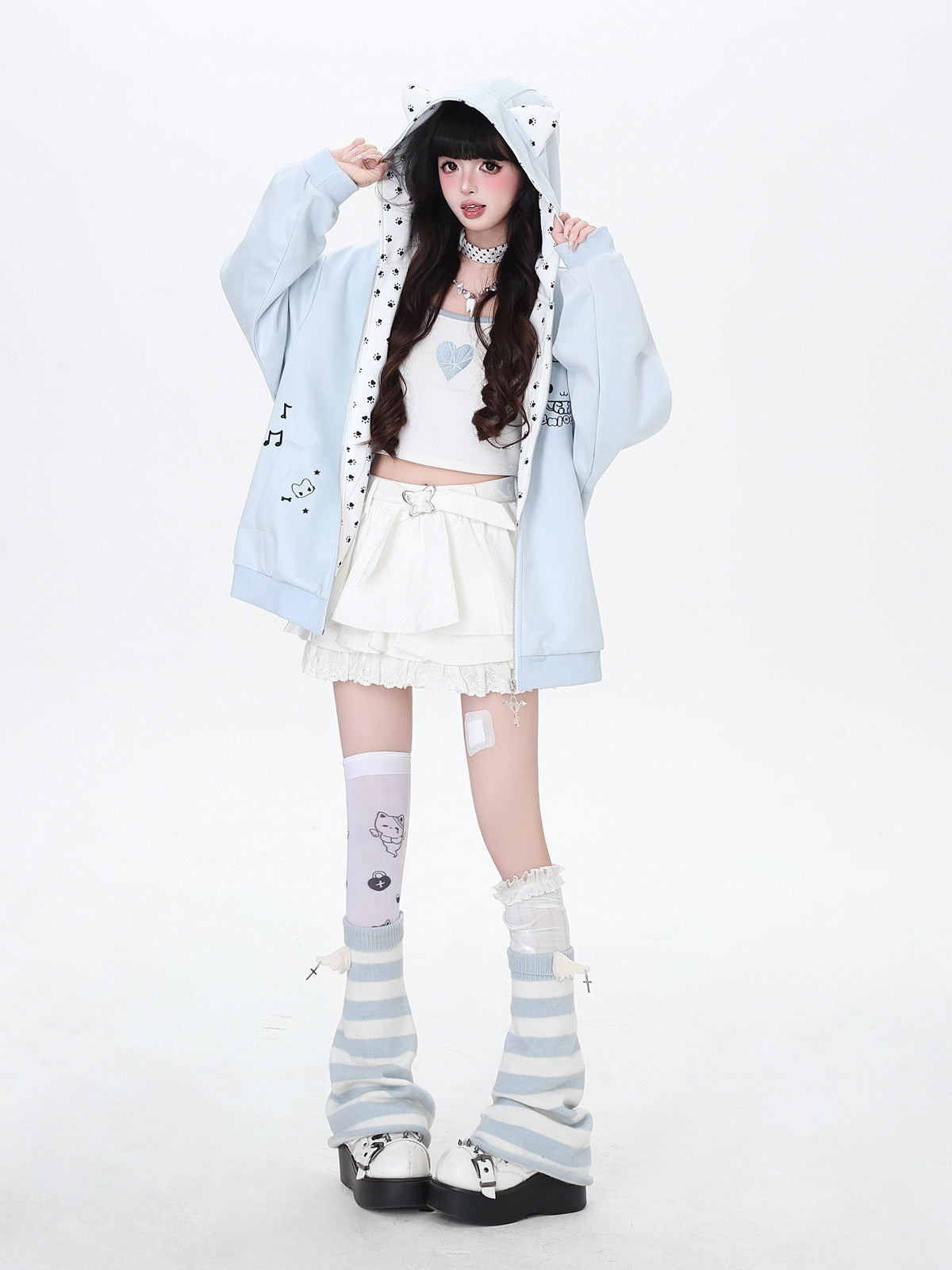 Cat Paw Embroidered Cat-Ear Zip Hoodie
