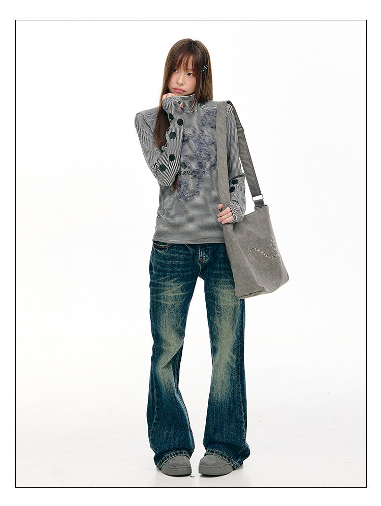 Lace Music Note Appliqué Mock Neck Long Sleeve Top