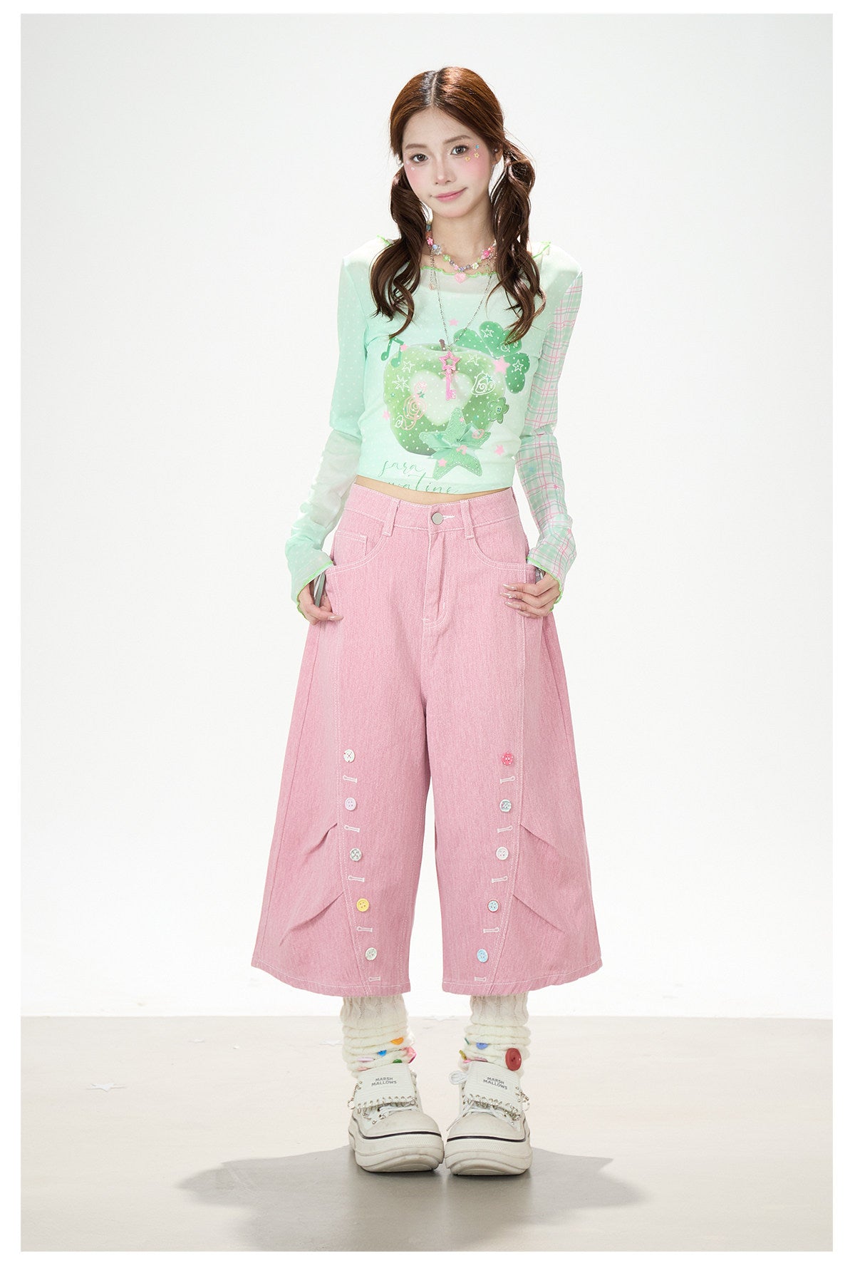 Apple Plaid Mesh Long Sleeve Top & Pink Polka Dot Wide Leg Pants