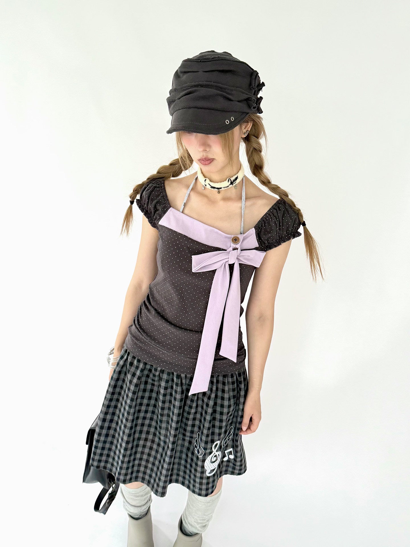 Lavender Bow Polka Dot Fitted Puff-Sleeve Top