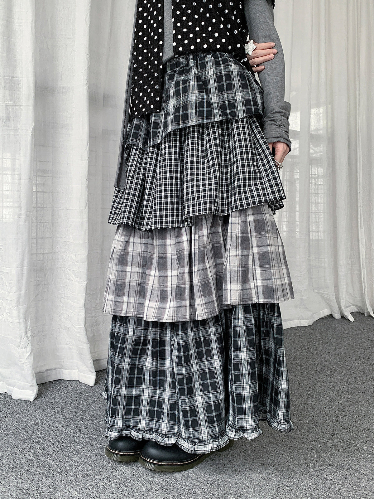 Mixed Plaid Tiered Maxi Skirt