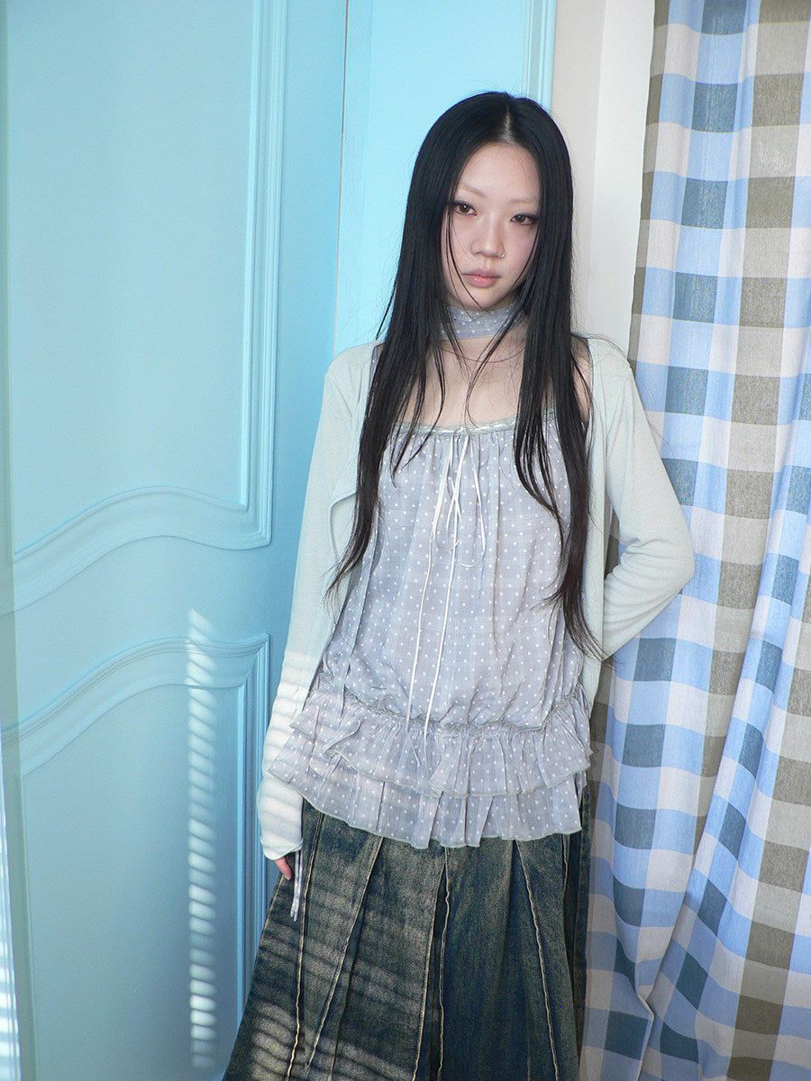 Polka Dot Ruffle Camisole & Cardigan Set with Scarf