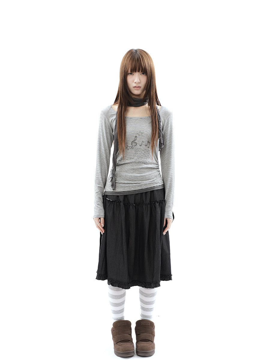 Music Note Striped Layered Long Sleeve Top with Scarf