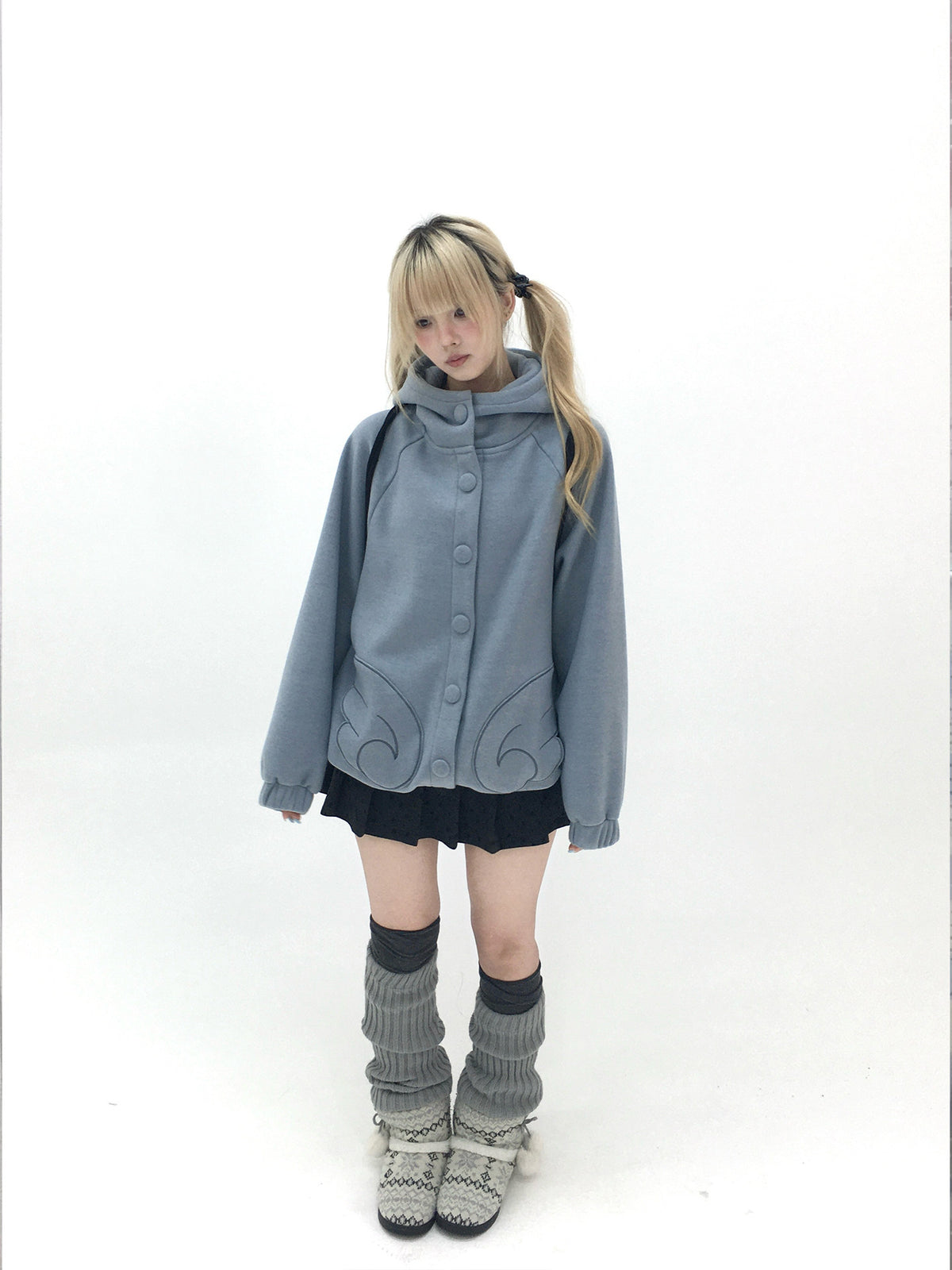 Dusty Blue & Ivory Fleece-Lined Cat Ear Wing Pocket Hooded Jacket