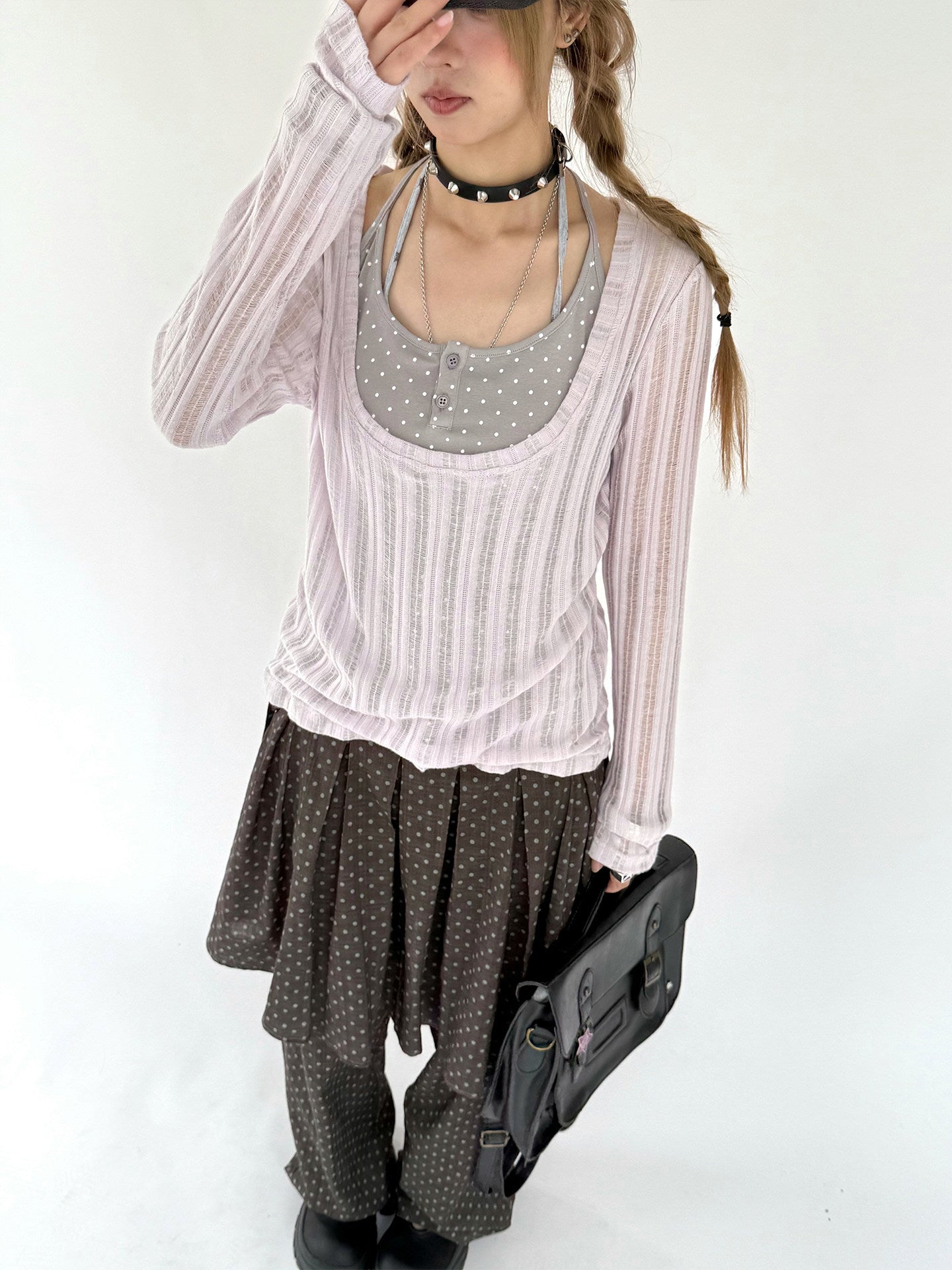 Wisteria Open-Knit Faux-Layer Long Sleeve Top