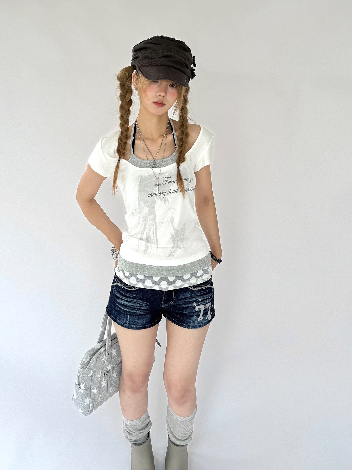 White Gardenia Faux-Layer Halter Graphic Tee