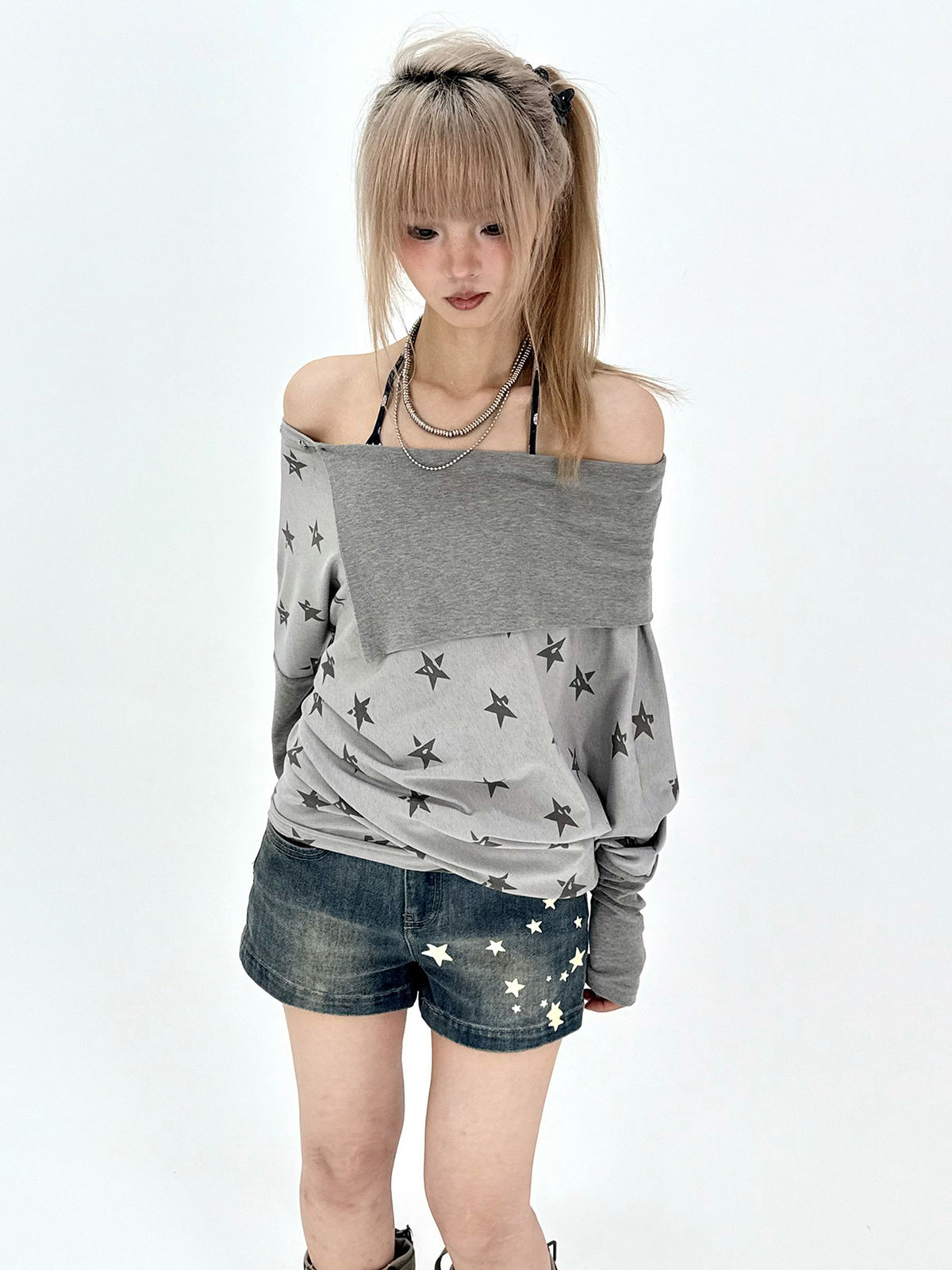 Star Print Draped Off-Shoulder Long Sleeve Top