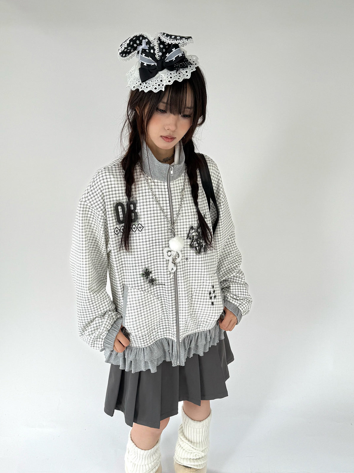 Sugar Check Graphic Ruffle-Hem Zip-Up Jacket