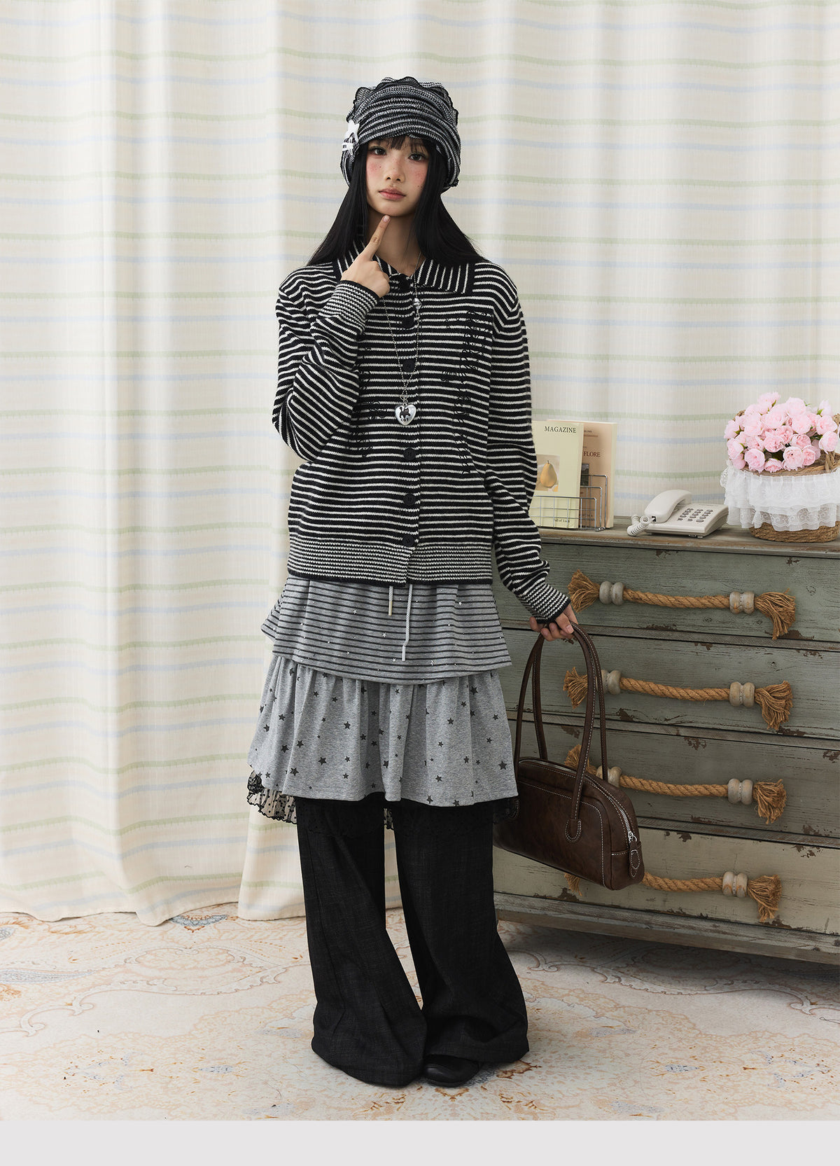 Star Stripe Layered Skirt Wide-Leg Pants