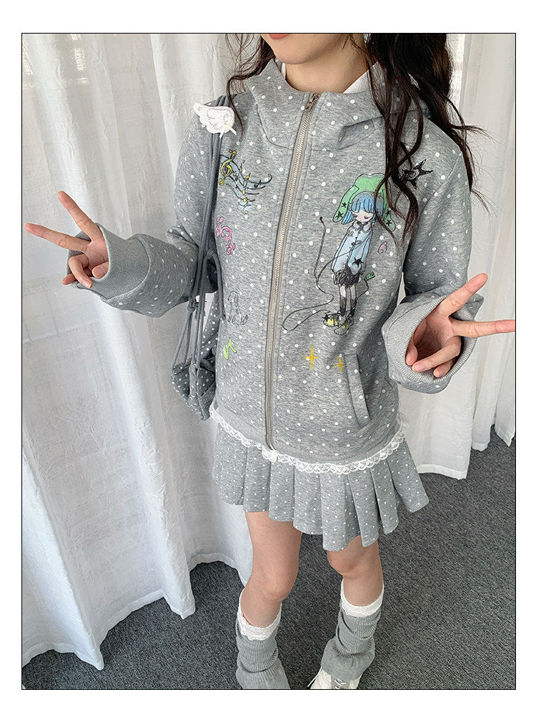 Polka Dot Devil-Horn Cartoon Girl Zip Hoodie