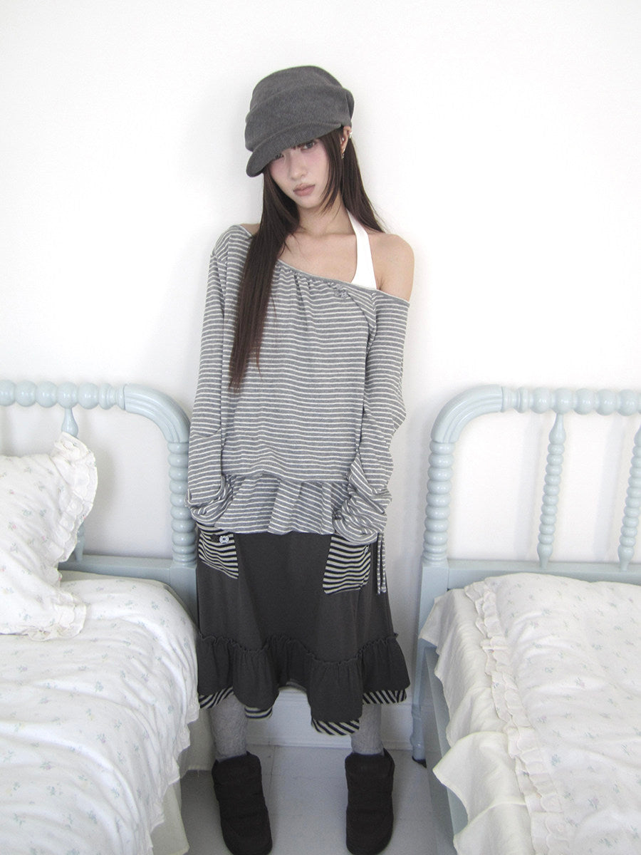 Striped Off-Shoulder Ruffle Layered Long Sleeve Top