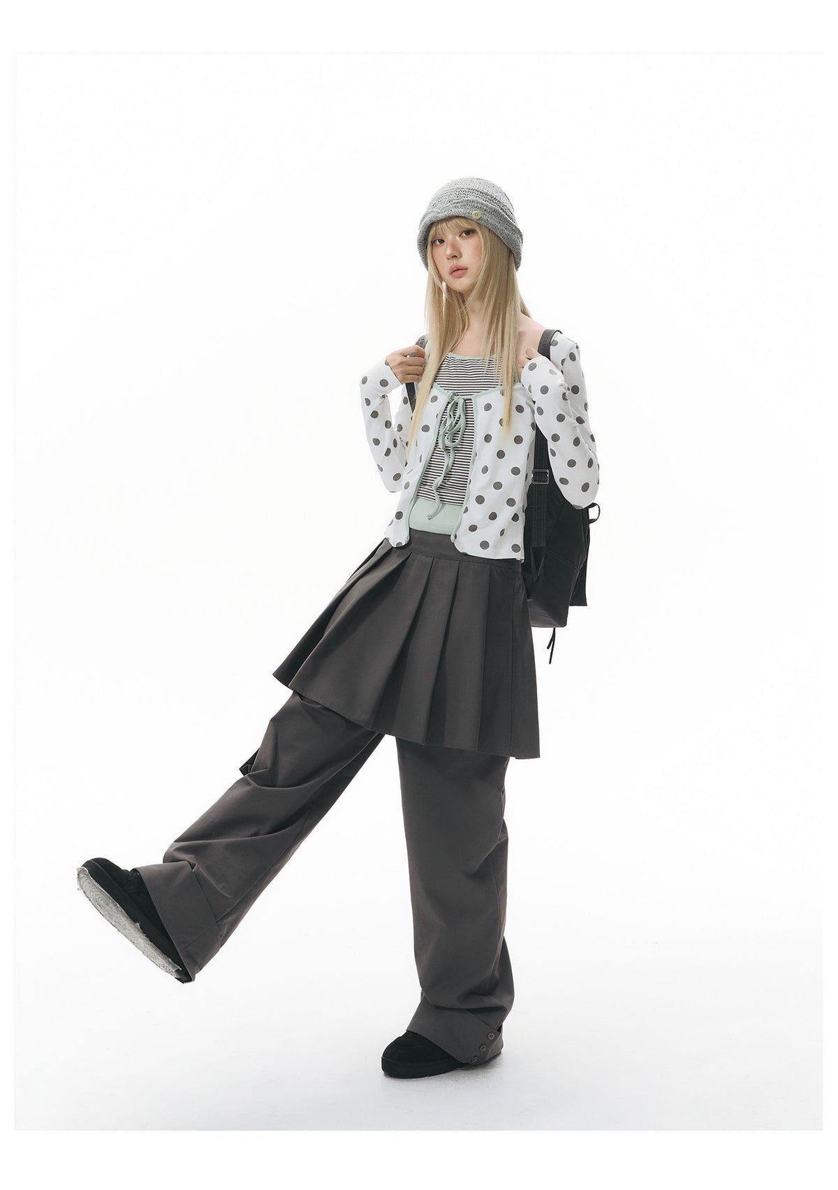 Pleated Skirt-Overlay Cargo Wide-Leg Pants