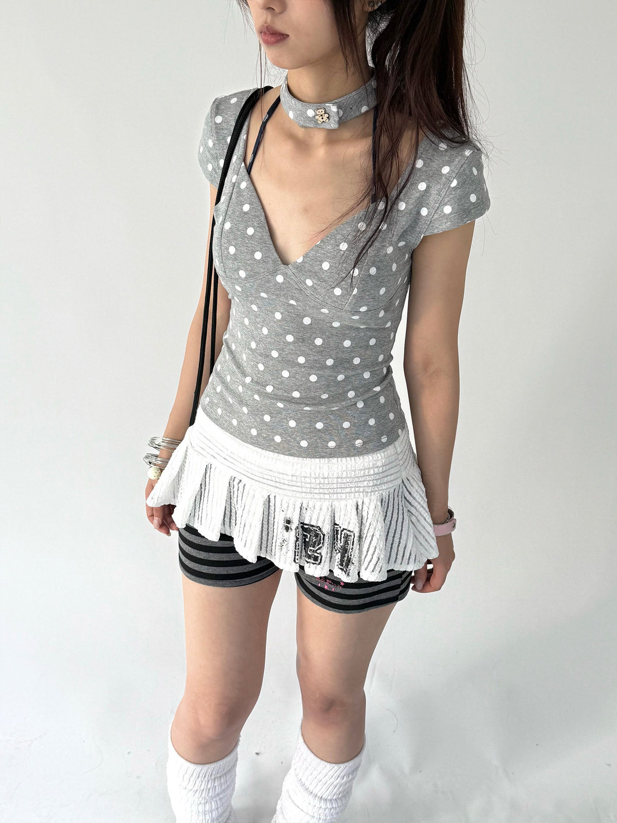 Polka Dot V-Neck Fitted Tee with Choker