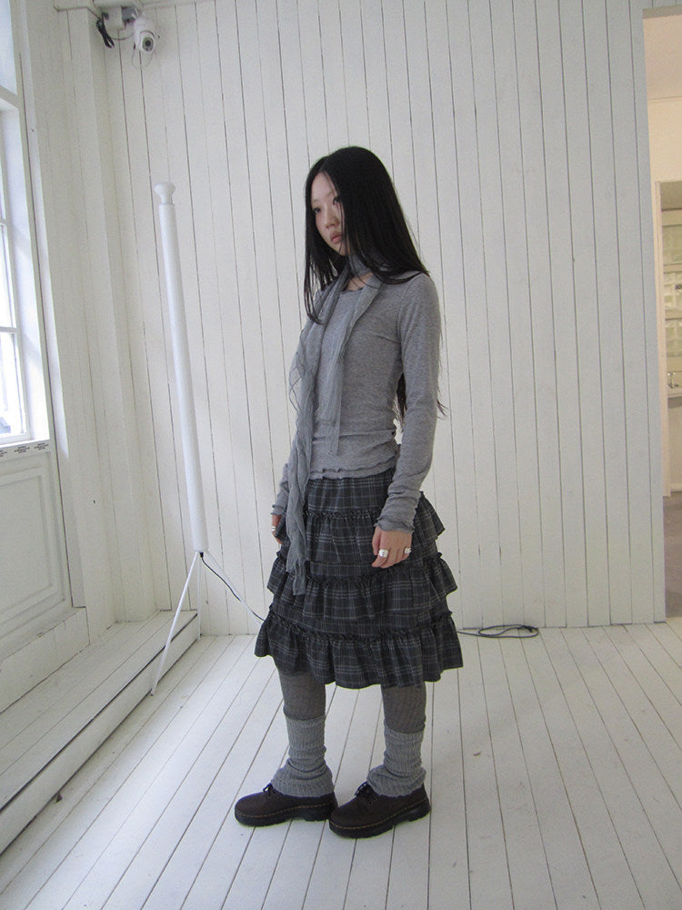 Vintage Gray Plaid Tiered Ruffle Skirt