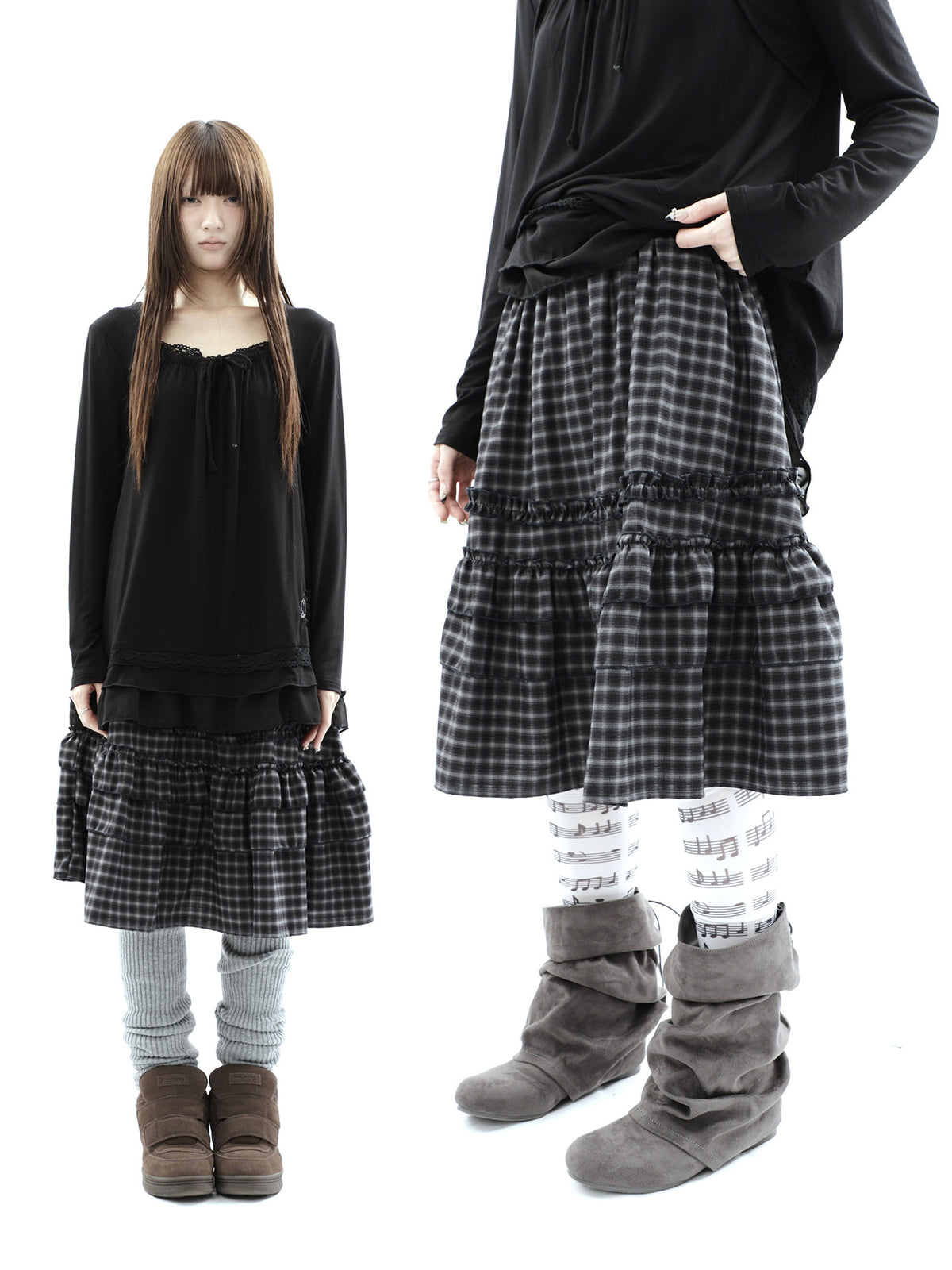 Plaid Ruffle-Tiered Midi Skirt