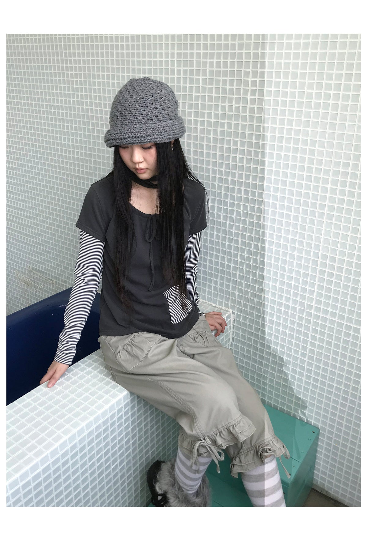Tie-Neck Striped Faux-Layer Long Sleeve Top