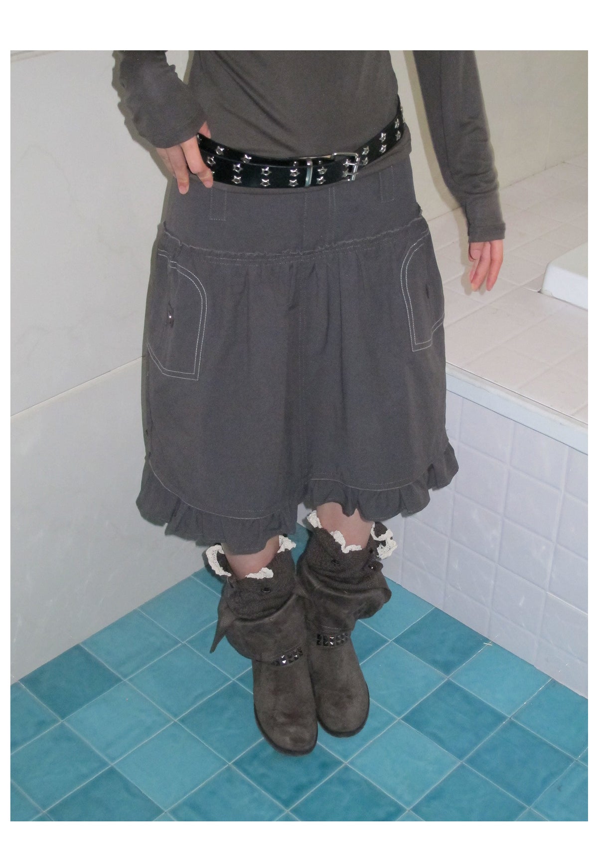 Contrast-Stitch Ruffle-Hem Utility Mini Skirt