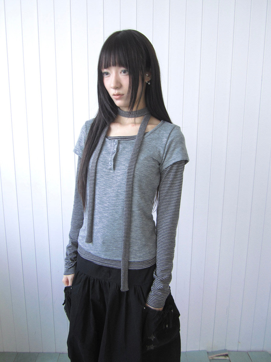 Striped Layered Scarf Henley Long Sleeve Top