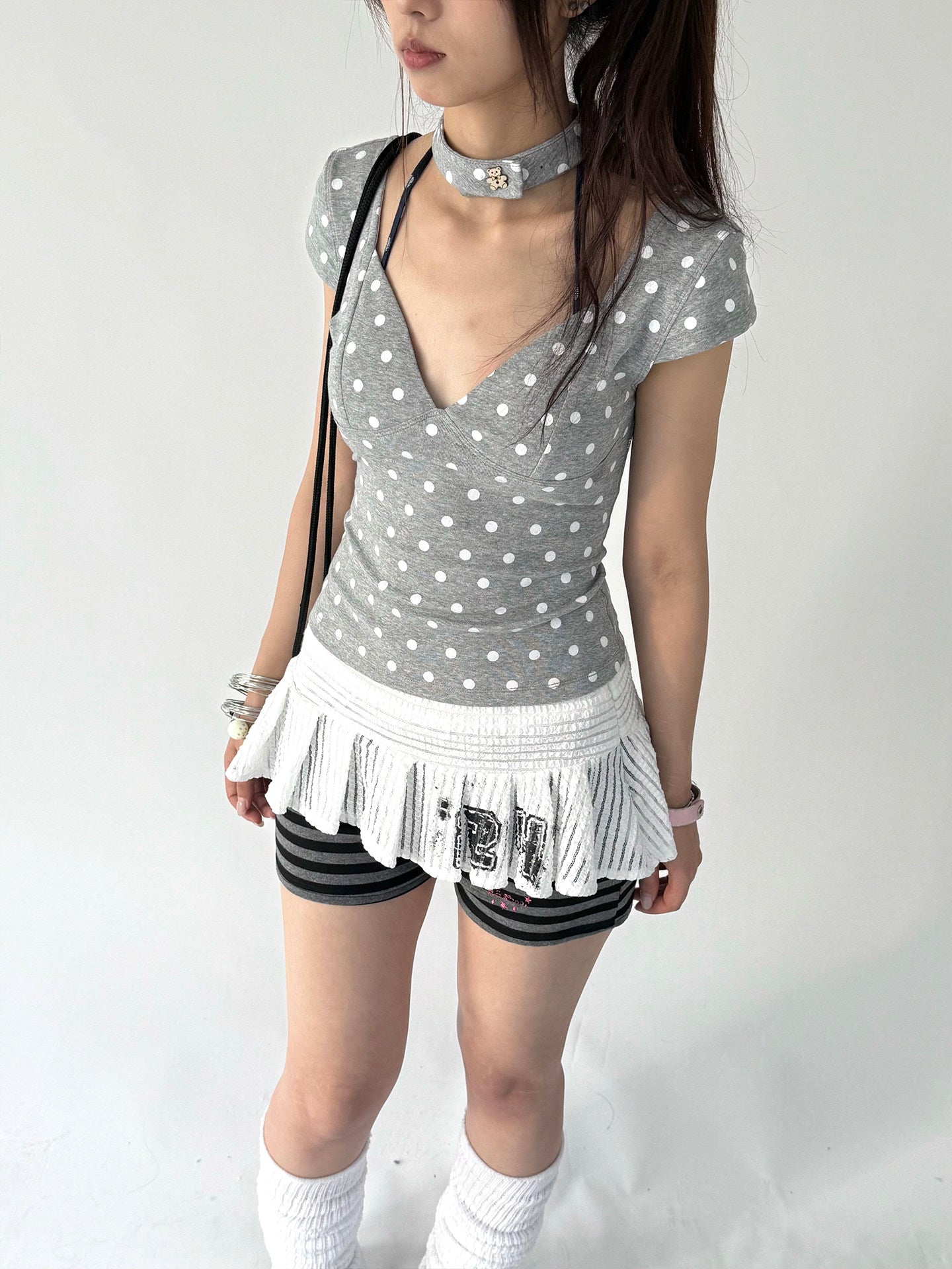 Mechanical Bear Polka Dot V-Neck Fitted Tee with Choker