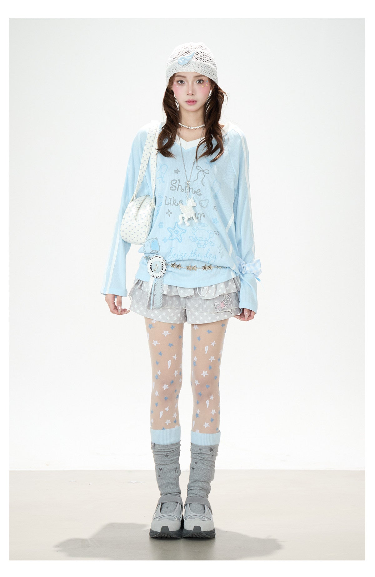 Dreamy Doodle V-Neck Long Sleeve Top & Polka Dot Tiered Ruffle Skirt