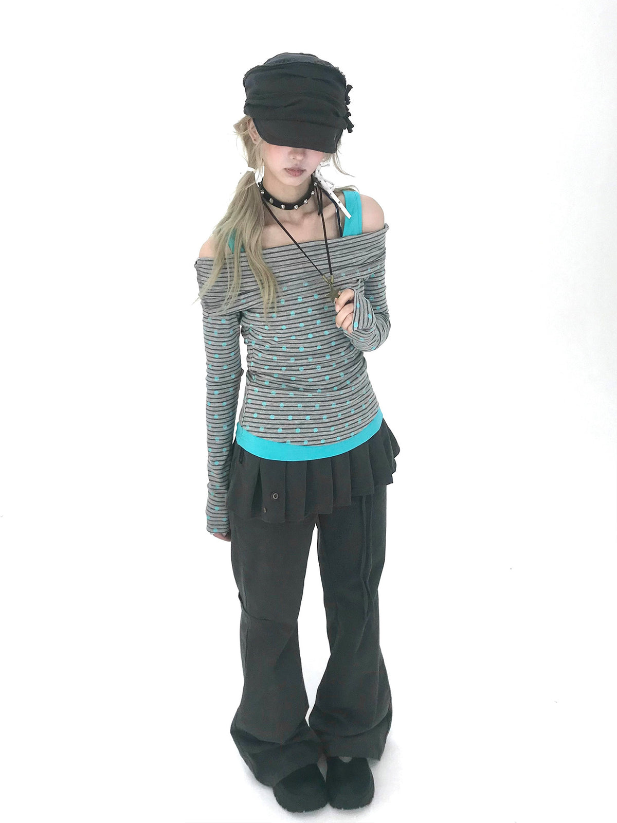 Polka Dot Asymmetric Layered Long Sleeve Top