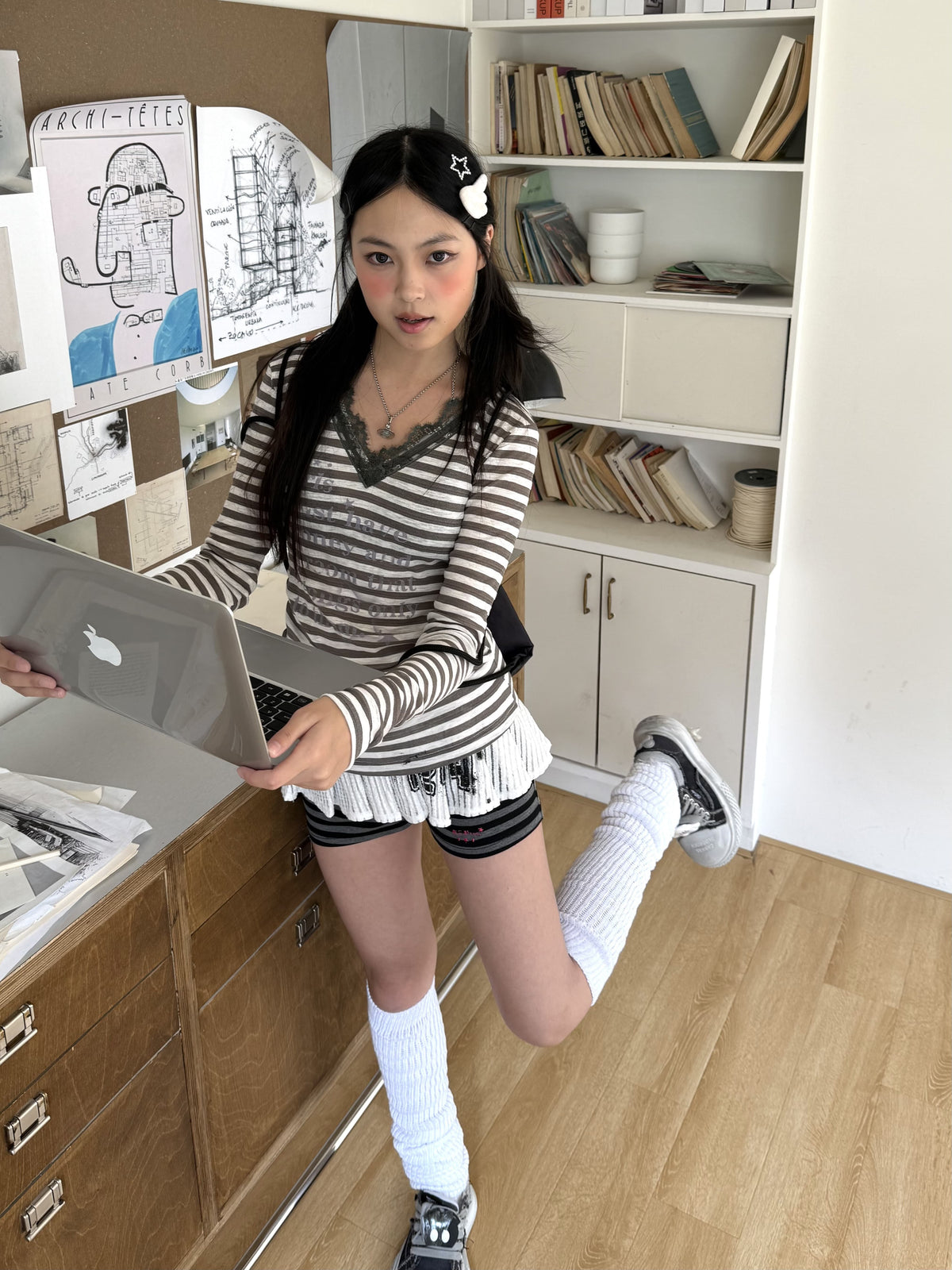 Gray Stripe Lace V-Neck Graphic Long Sleeve Tee
