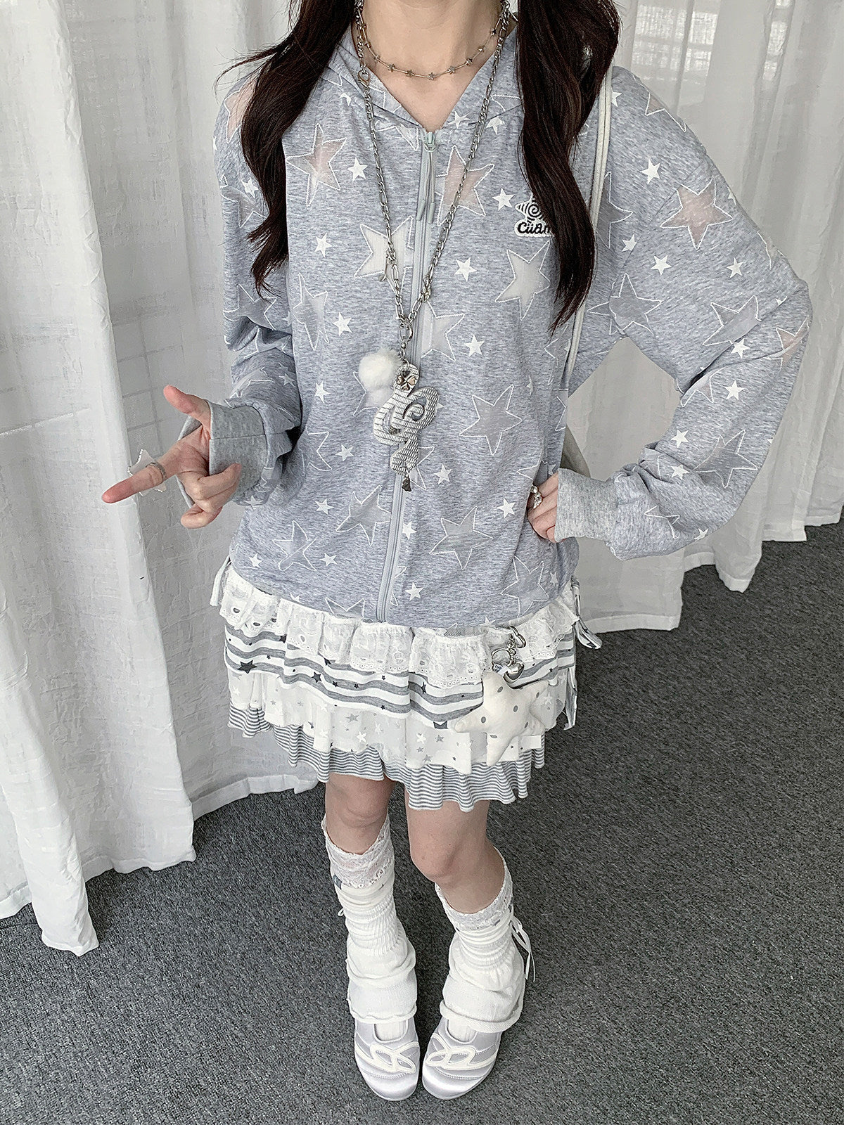 Gray Star Print Lightweight Zip-Up Hoodie