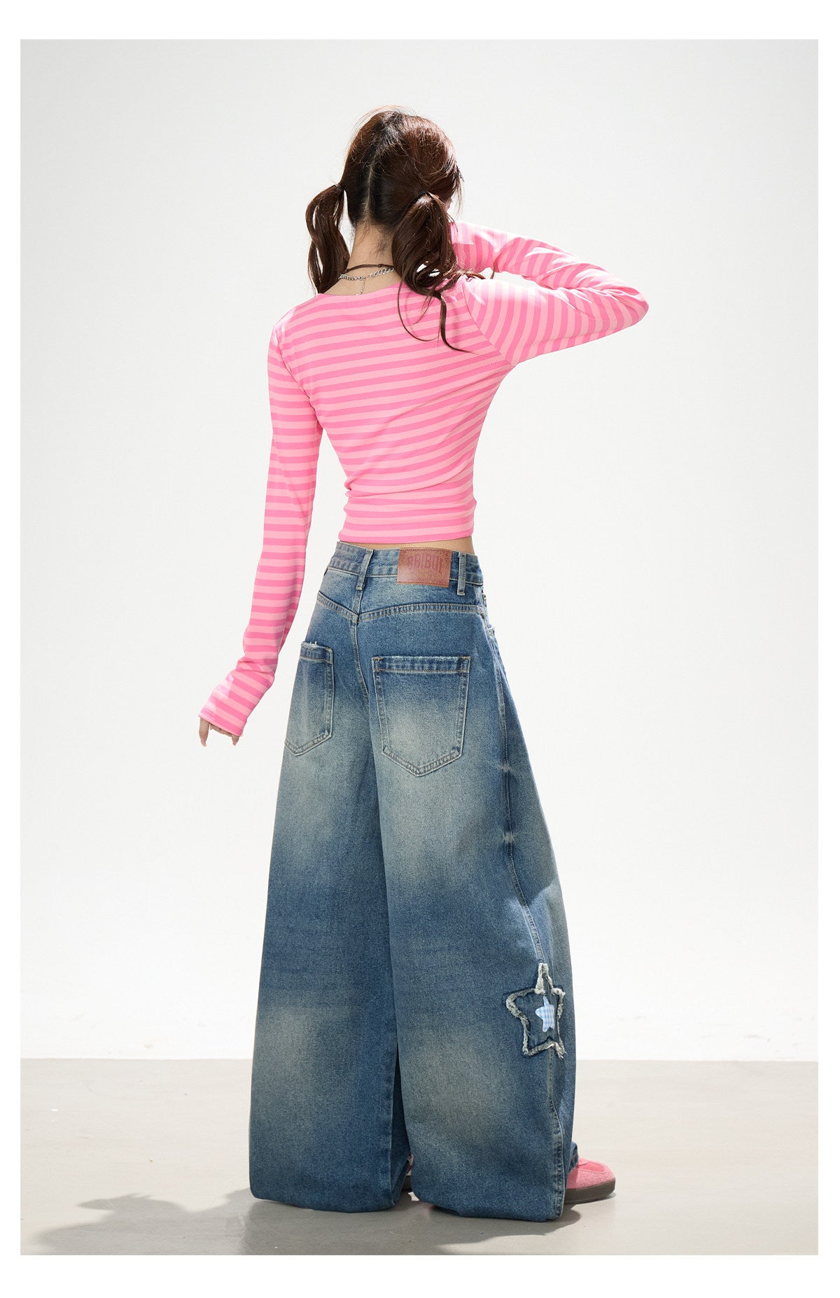 Pink Stripe U-Neck Long Sleeve Top & Star Patch Wide-Leg Jeans