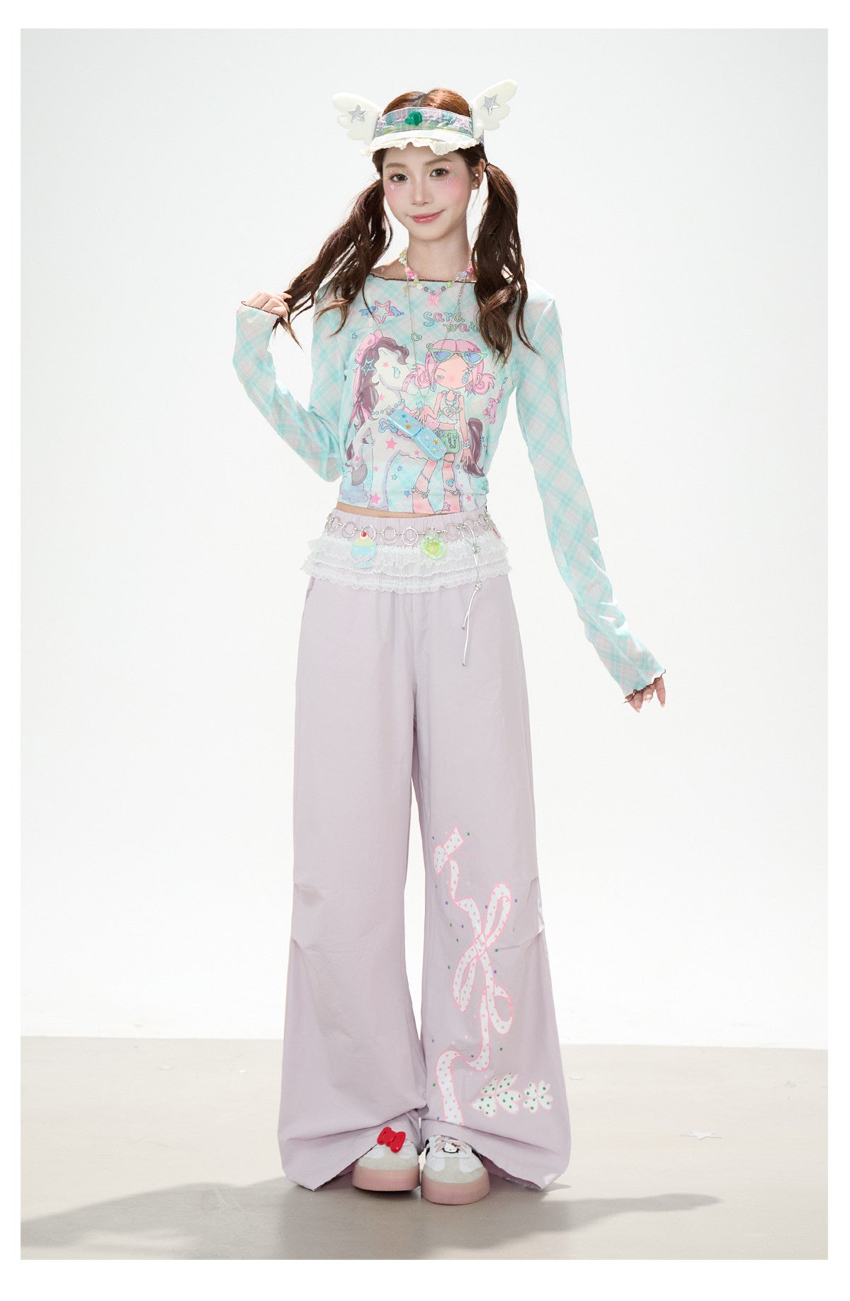 Pastel Anime Plaid Long Sleeve Top & Camo Lace-Trim Midi Skirt